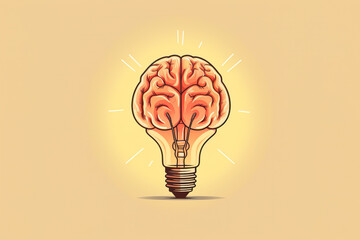 Creative generative AI illustration of brain inside of light bulb with concept of idea or brainstorm against beige background