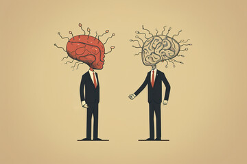 Generative Ai illustration of humans together in suit with brainstorm head concept against gray background