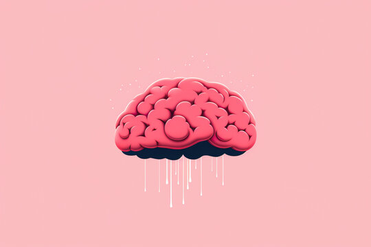 Creative generative AI illustration of brain with liquid dropping against pink background