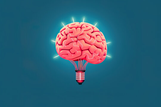 Creative generative AI illustration of brain in light bulb shape with concept of idea or brainstorm against blue background