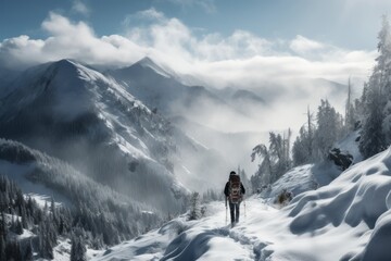 A hiker ascends a snow-covered mountain trail, their breath forming misty clouds in the cold air, as they embrace the serene beauty of a winter wonderland