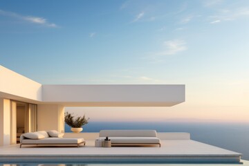 Fototapeta na wymiar A modern coastal home with a minimalist design, on a cliff overlooking the sea, outdoor lounge and expansive terraces for enjoying the coastal vistas, ideal for background image