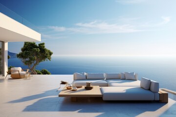 Fototapeta premium A modern coastal home with a minimalist design, on a cliff overlooking the sea, outdoor lounge and expansive terraces for enjoying the coastal vistas, ideal for background image
