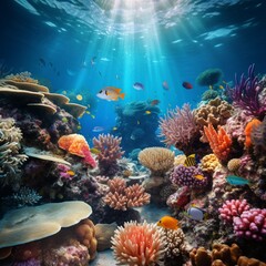A lush underwater coral reef with colorful marine life and clear blue waters
