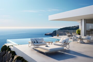 Fototapeta premium A modern coastal home with a minimalist design, on a cliff overlooking the sea, outdoor lounge and expansive terraces for enjoying the coastal vistas, ideal for background image