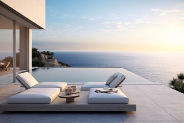 A modern coastal home with a minimalist design, on a cliff overlooking the sea, outdoor lounge and...