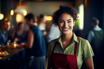 Generative AI illustration of delighted waitress in apron standing in full of people cafe and looking at camera in blurred background