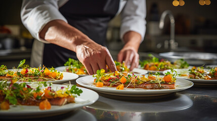 Obraz na płótnie Canvas cook perparing food for festive in a restaurante