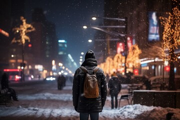A person walks along a snowy city street at night, with city lights reflecting on the fresh snowfall, creating a magical and quiet urban winter scene