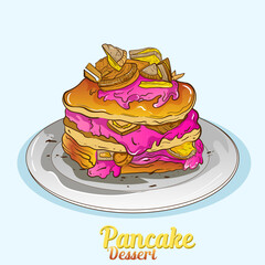 Hand drawn vintage Dessert Delicious fluffy pancake with Maple Syrup and Butter ads for element design poster, promotion