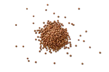 Poster Closeup of a pile of organic uncooked lentils with shadow isolated on a transparent background from above, top view © ydumortier