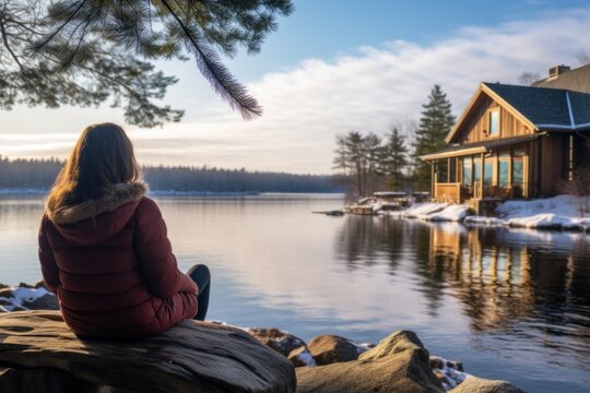 A woman enjoys a peaceful lakeside retreat in winter, with a cozy cabin and a serene frozen lake setting, providing a quiet escape from the hustle and bustle