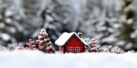 little red house in nature, forest border, snowy landscape, miniature, deco, winter, cold, snow - obrazy, fototapety, plakaty