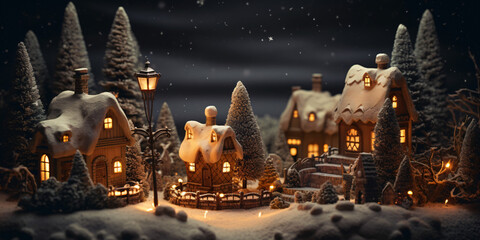 a model of a small village under the snow, winter atmosphere, christmas, decoration, art deco
