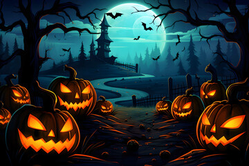 A Halloween vector background with a pumpkin patch bathed in the glow of jack-o'. Generative Ai. NO.02