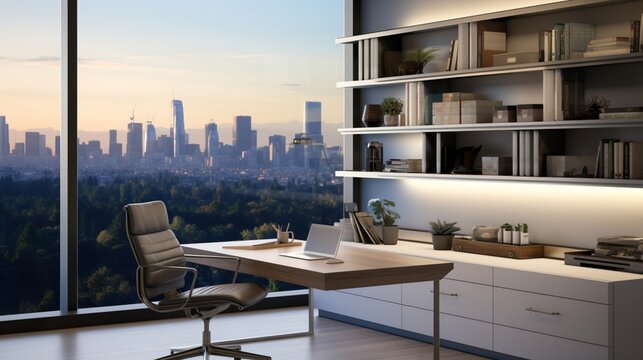 A sleek and modern home office with a floating desk, built-in storage, and a view of a vibrant cityscape through expansive windows.