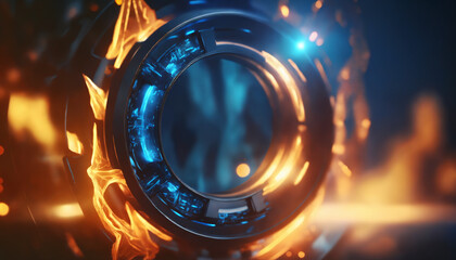 Fototapeta na wymiar Sci-fi Disc with fire in Dark Background - Abstract Futuristic VFX Intro Scene with Copyspace.