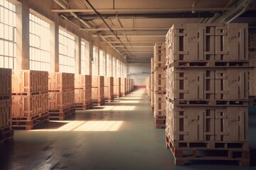 Line of crates on moving belt beside crates in factory assembly. Generative AI