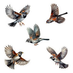 Obraz premium A set of Harris's Sparrows flying isolated on a white background