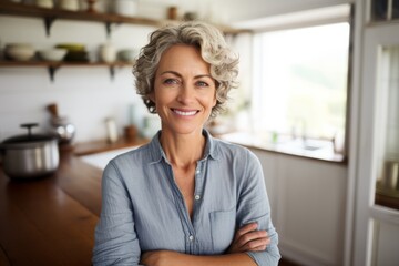 Smiling middle aged woman in her domestic kitchen at home
