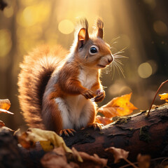 cute red squirrel sitting at the ground of a tree in a idyllic autumn forest