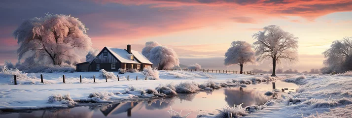 Foto auf Alu-Dibond  winter wonder land - wonderful snowy landscape with a house and a river  at sundown © bmf-foto.de