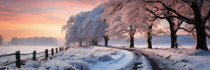  winter wonder land - wonderful snowy landscape with a road framed with trees at sundown