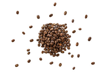 Closeup of a pile of organic whole roasted coffee beans without shadow isolated on a transparent background from above, top view - obrazy, fototapety, plakaty
