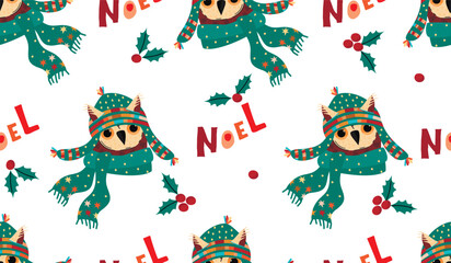 Cartoon owl in warm hat and scarf,lettering and holly.Winter holidays seamless pattern with cute funny character.Christmas background for printing on fabric and paper.Vector hand drawn illustration.