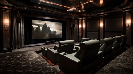 A sophisticated home theater with plush recliners, a massive screen, and dimmable ambient lighting for the ultimate cinematic experience. - obrazy, fototapety, plakaty