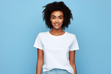 portrait of a black woman with white clear t shirt isolated in blue studio
