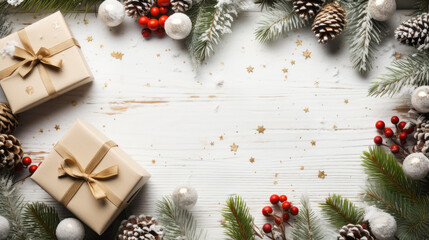 Merry Christmas and Happy New Year background with Christmas gift boxes and decorations.