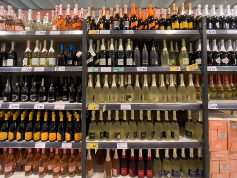 Berlin, Germany October 12, 2023. Various types of champagne and other alcoholic drinks on a supermarket shelf. . Berlin, Germany October 12, 2023