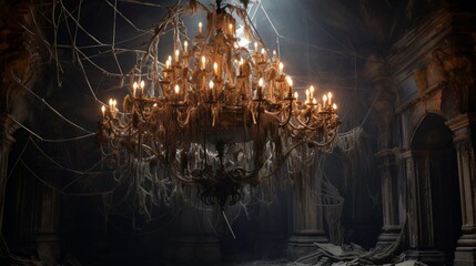 A spiderweb-covered chandelier hangs ominously in an abandoned mansion.