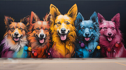 
Mural with graffiti of five border collie dogs painted with strong and happy colors. Street art. Painting of domestic animals on a brick wall. Mascot illustration in blue, pink, yellow and orange.