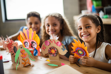 Group of happy smiling children doing arts and crafts projects