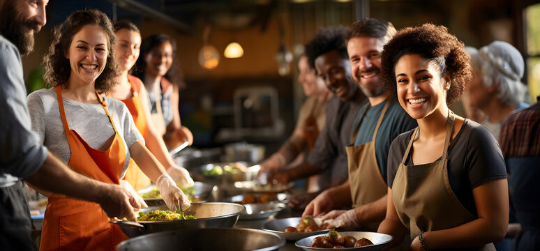 A diverse group of happy volunteers, cooking preparing fresh meals in a cheerful community kitchen