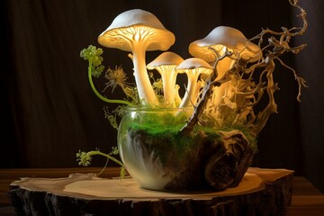 Enchanting forest centerpiece: a radiant forest mushroom, evoking mystical fairytales with a touch of technology. Generative AI
