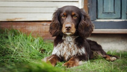 Boykin Spaniel lies on the grass on the doorstep of the country house - obrazy, fototapety, plakaty