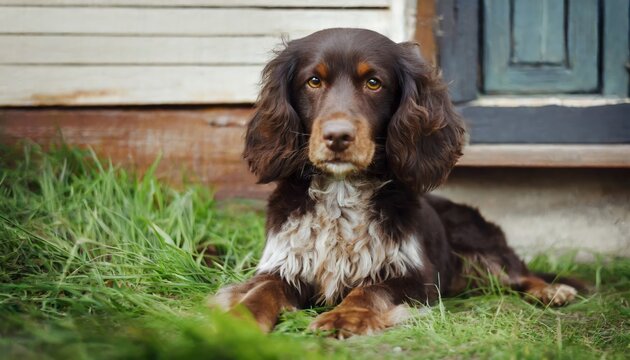 Boykin Spaniel lies on the grass on the doorstep of the country house