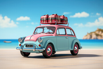 Features a blue toy car with luggage and a pink flamingo on a blue background, providing a copy space for text or design elements. Conjures up a sense of travel and leisure. Generative Ai.