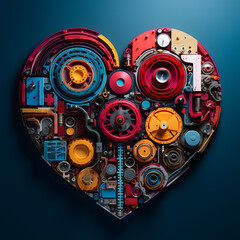 A heart made of machine elements. The soul of a robot. Dark blue background