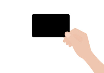 Hand Holding Blank Credit Card or Business Card. Hand Showing Empty Card. Vector Illustration Isolated on White Background. 