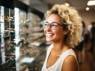 young smiling woman choosing new glasses for vision - obrazy, fototapety, plakaty