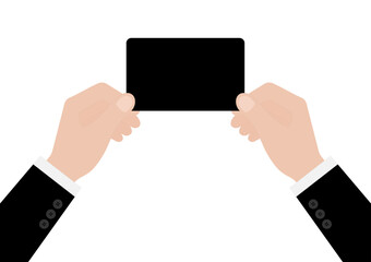 Hand Holding Blank Credit Card or Business Card. Hand Showing Empty Card. Vector Illustration Isolated on White Background. 