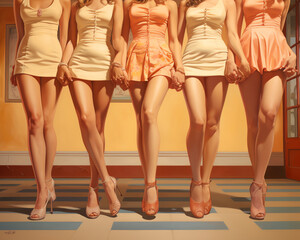 50er Jahre Stil - Beine von 5 Frauen in kurzen Röcken - obrazy, fototapety, plakaty