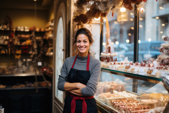 Happy small pastry shop owner, smiling proudly at her store. Cheerful female baker working at her shop