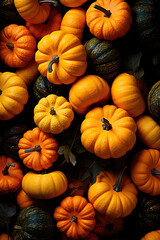 Backgrounds and textures: many colorful pumpkins, seasonal autumn decorative background. Generative AI