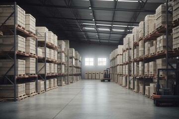 Warehouse with tall shelves, pallet trucks, boxes, and forklifts. Retail shop with rows of cargo boxes. 3D image. Generative AI