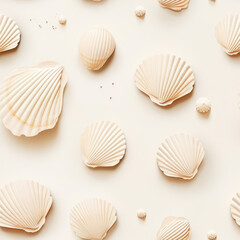Sea shells, fossils and mollusks repeat pattern. Summer beach cartoon background - obrazy, fototapety, plakaty